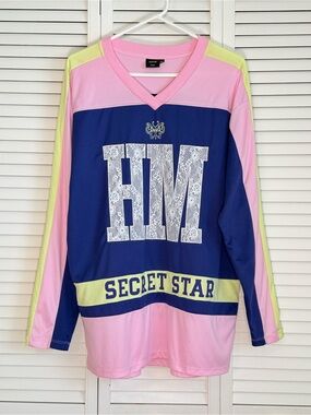 Disney Hannah Montana Jersey Top Long Sleeve Pink Purple V-Neck Embroidered Sz L